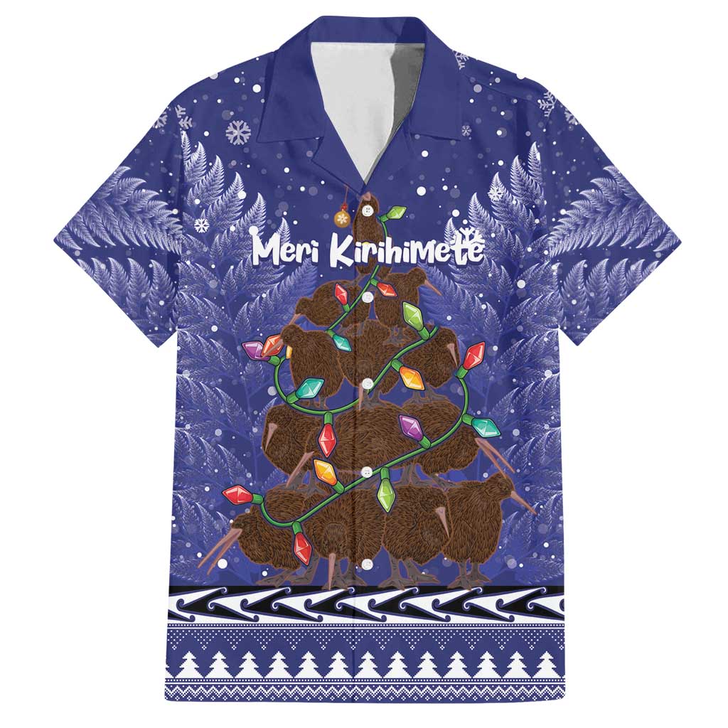 Kiwi New Zealand Christmas Family Matching Off Shoulder Maxi Dress and Hawaiian Shirt Meri Kirihimete Silver Fern - Blue Color LT14 Dad's Shirt - Short Sleeve Blue - Polynesian Pride