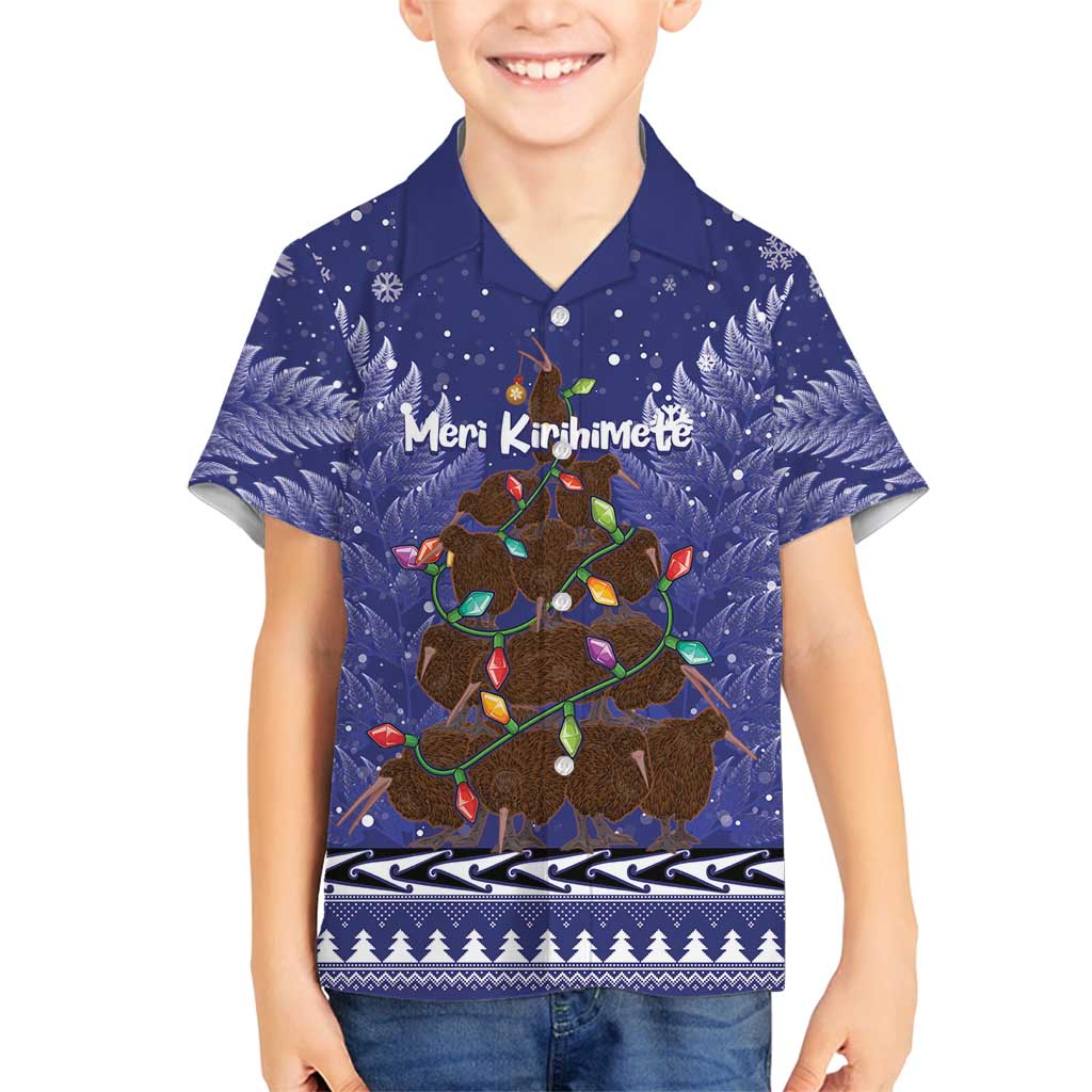Kiwi New Zealand Christmas Family Matching Off Shoulder Maxi Dress and Hawaiian Shirt Meri Kirihimete Silver Fern - Blue Color LT14 Son's Shirt Blue - Polynesian Pride