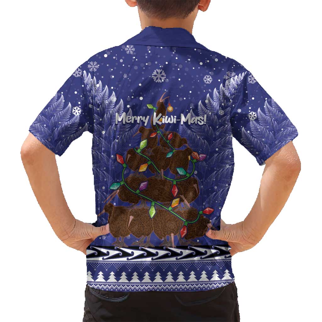 Kiwi New Zealand Christmas Family Matching Off Shoulder Short Dress and Hawaiian Shirt Meri Kirihimete Silver Fern - Blue Color LT14 - Polynesian Pride