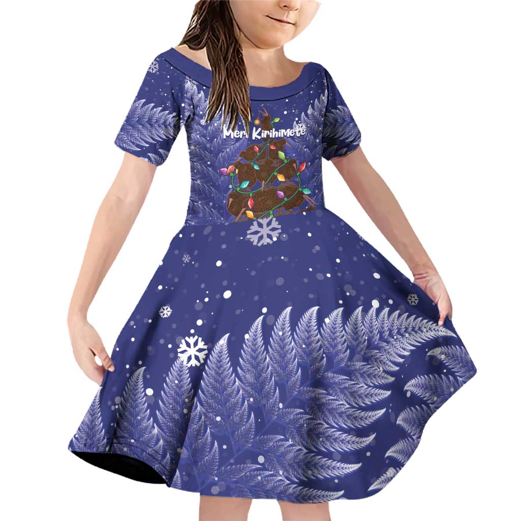 Kiwi New Zealand Christmas Family Matching Off Shoulder Short Dress and Hawaiian Shirt Meri Kirihimete Silver Fern - Blue Color LT14 Daughter's Dress Blue - Polynesian Pride