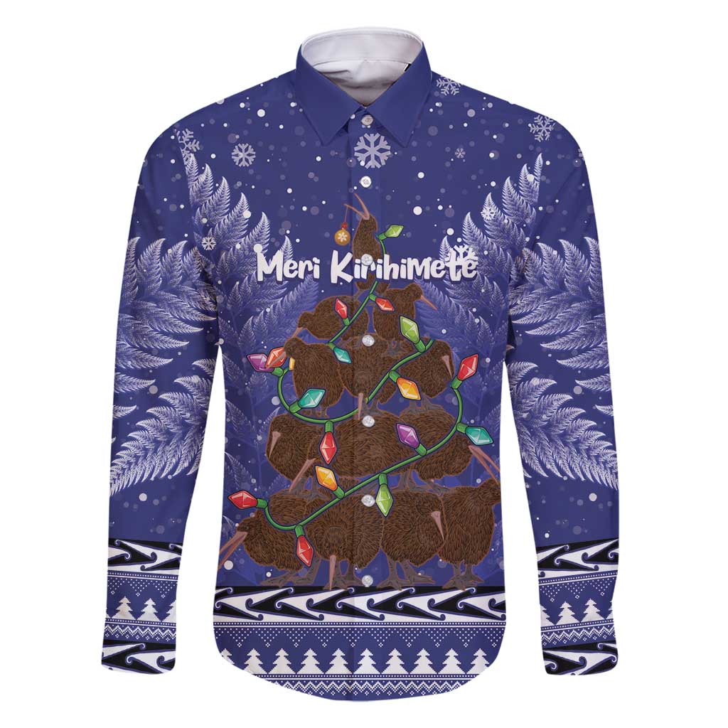 Kiwi New Zealand Christmas Family Matching Off Shoulder Short Dress and Hawaiian Shirt Meri Kirihimete Silver Fern - Blue Color LT14 Dad's Shirt - Long Sleeve Blue - Polynesian Pride
