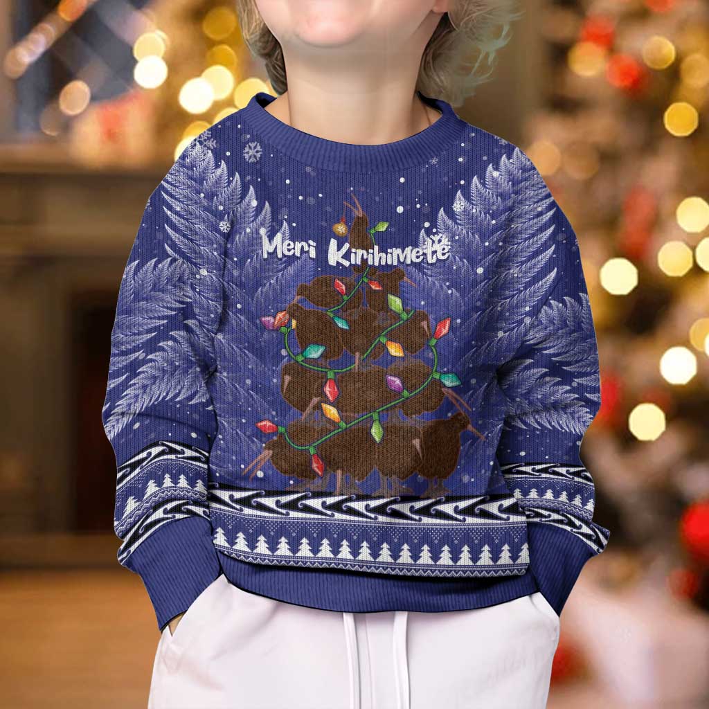 Kiwi New Zealand Christmas Kid Ugly Christmas Sweater Meri Kirihimete Silver Fern - Blue Color LT14 - Polynesian Pride