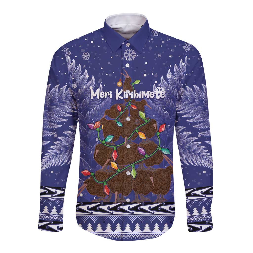 Kiwi New Zealand Christmas Long Sleeve Button Shirt Meri Kirihimete Silver Fern - Blue Color
