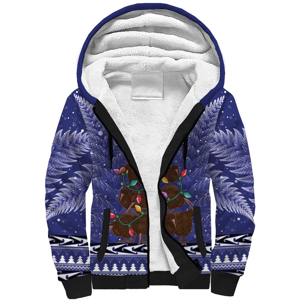 Kiwi New Zealand Christmas Sherpa Hoodie Meri Kirihimete Silver Fern - Blue Color