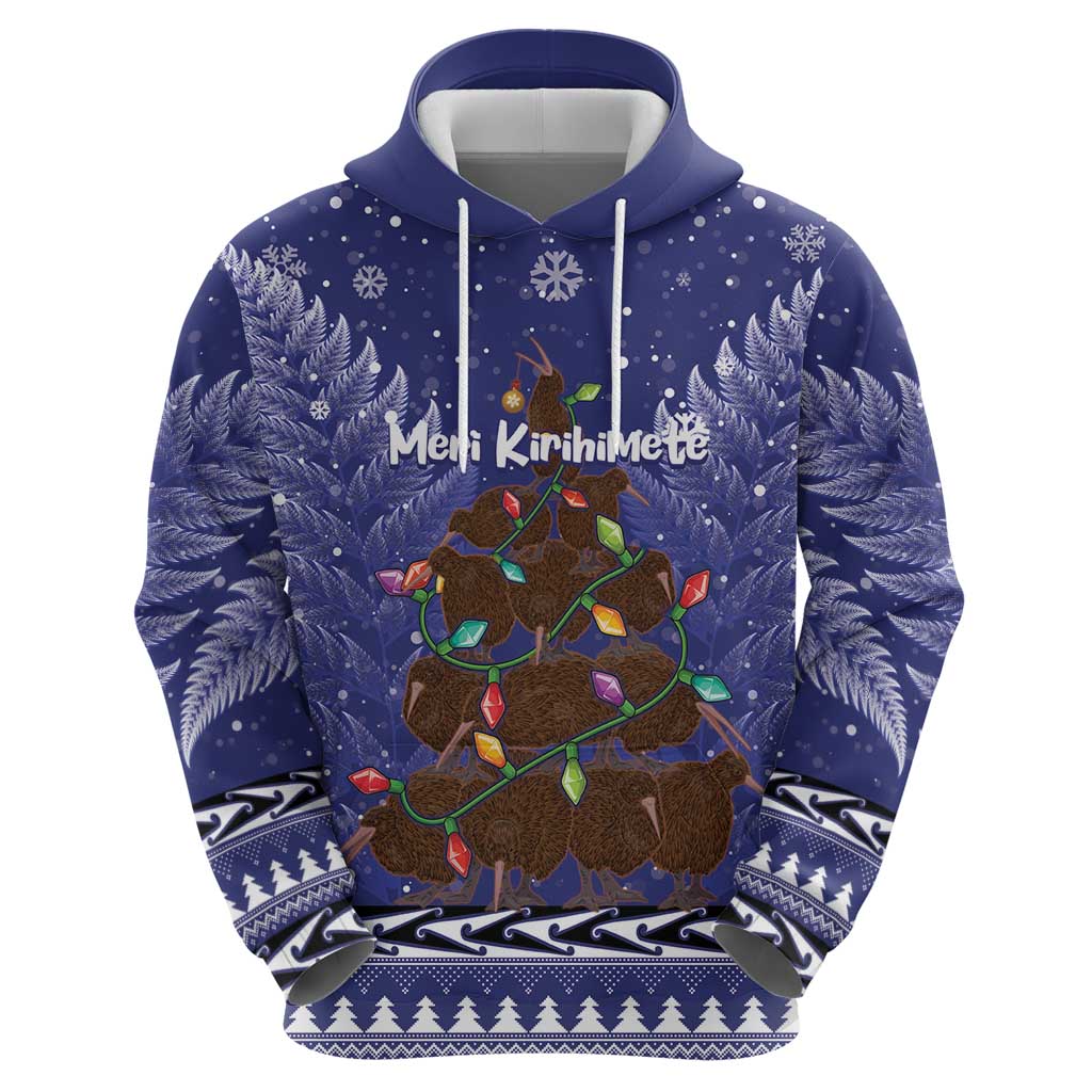 Kiwi New Zealand Christmas Zip Hoodie Meri Kirihimete Silver Fern - Blue Color