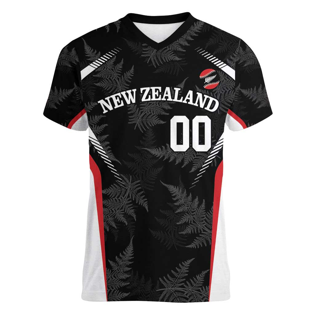Custom New Zealand Silver Fern Softball Women V-Neck T-Shirt Go Aotearoa LT14 Female Black - Polynesian Pride
