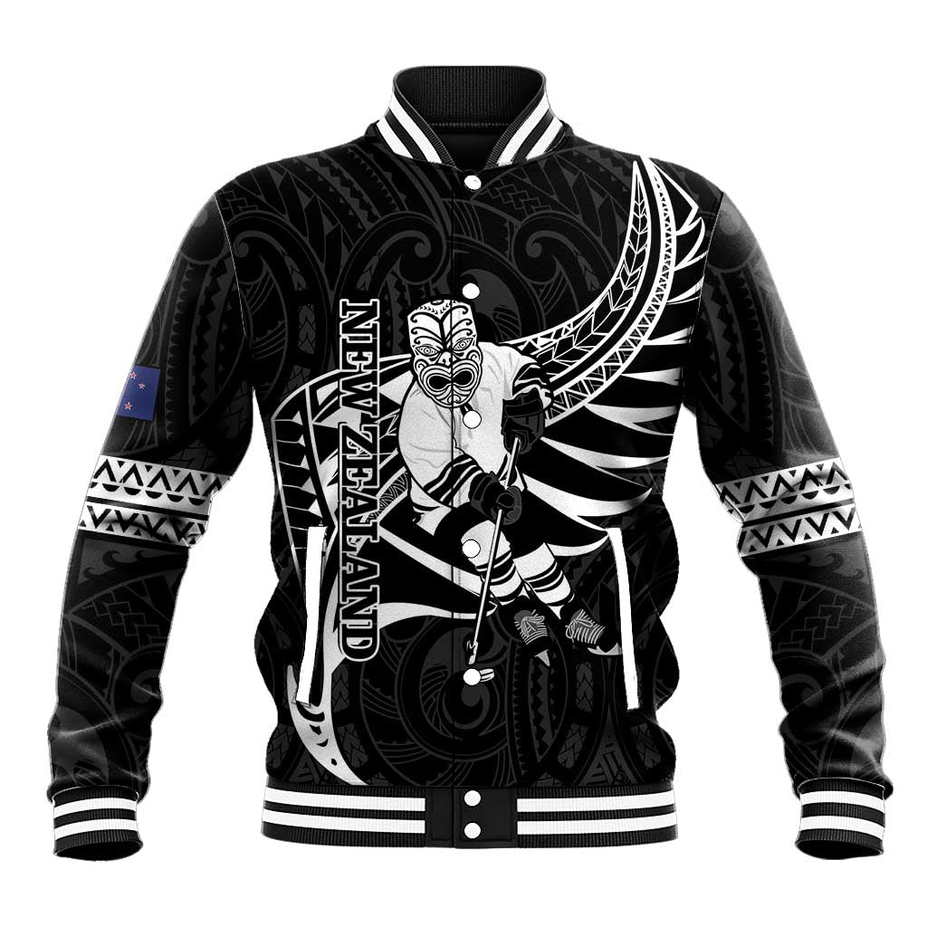 Custom Aotearoa Ice Hockey Baseball Jacket NZ Tiki Mascot - Maori Pattern LT14 Unisex Black - Polynesian Pride