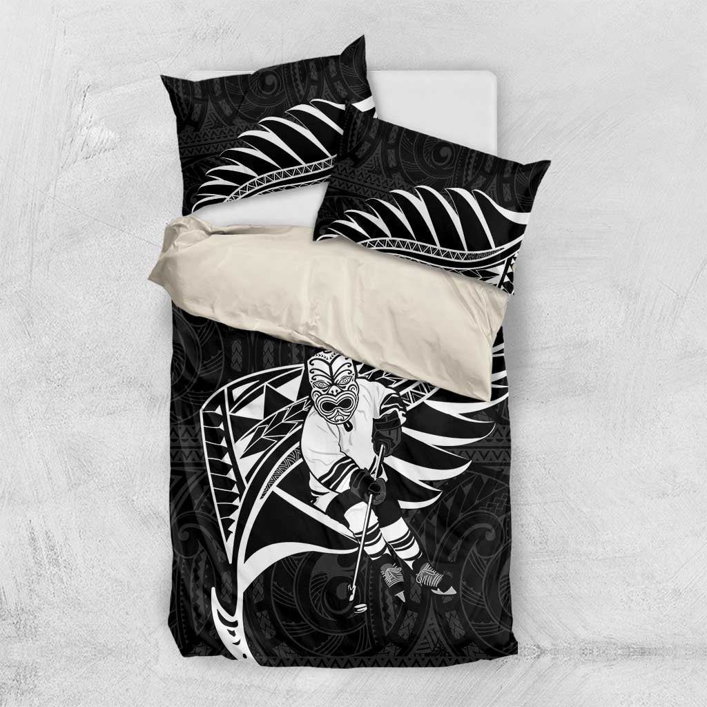 Custom Aotearoa Ice Hockey Bedding Set NZ Tiki Mascot - Maori Pattern