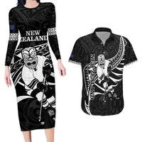 Custom Aotearoa Ice Hockey Couples Matching Long Sleeve Bodycon Dress and Hawaiian Shirt NZ Tiki Mascot - Maori Pattern LT14 Black - Polynesian Pride