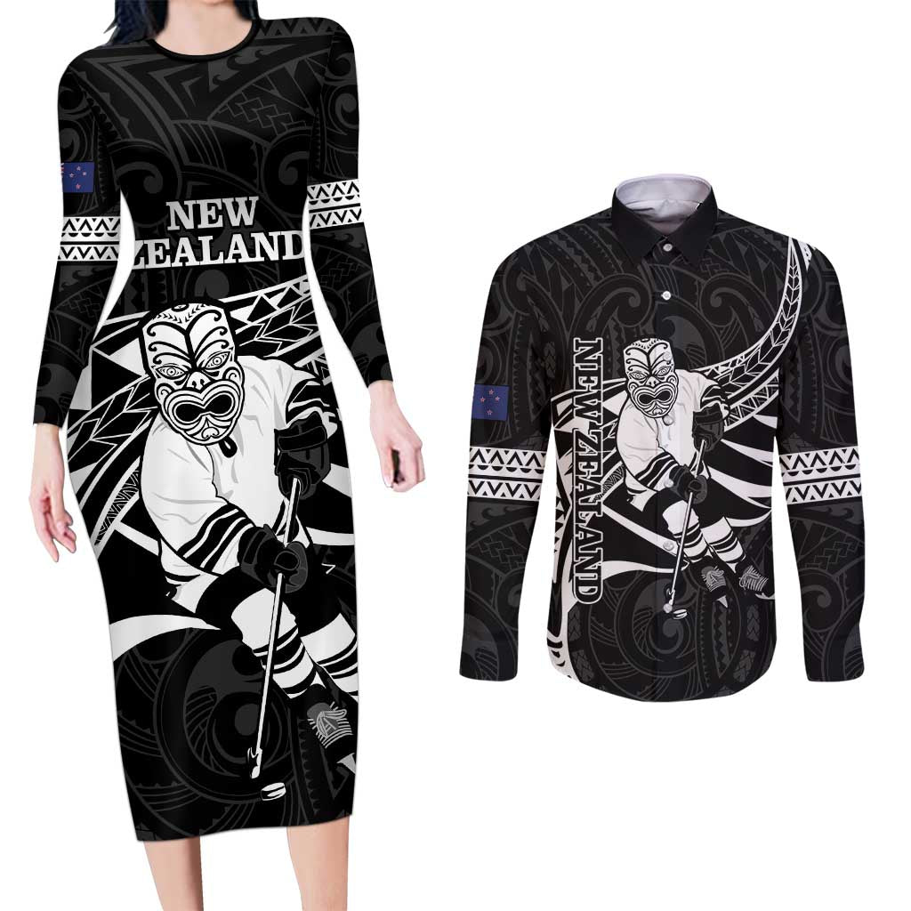 Custom Aotearoa Ice Hockey Couples Matching Long Sleeve Bodycon Dress and Long Sleeve Button Shirt NZ Tiki Mascot - Maori Pattern