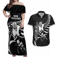 Custom Aotearoa Ice Hockey Couples Matching Off Shoulder Maxi Dress and Hawaiian Shirt NZ Tiki Mascot - Maori Pattern LT14 Black - Polynesian Pride