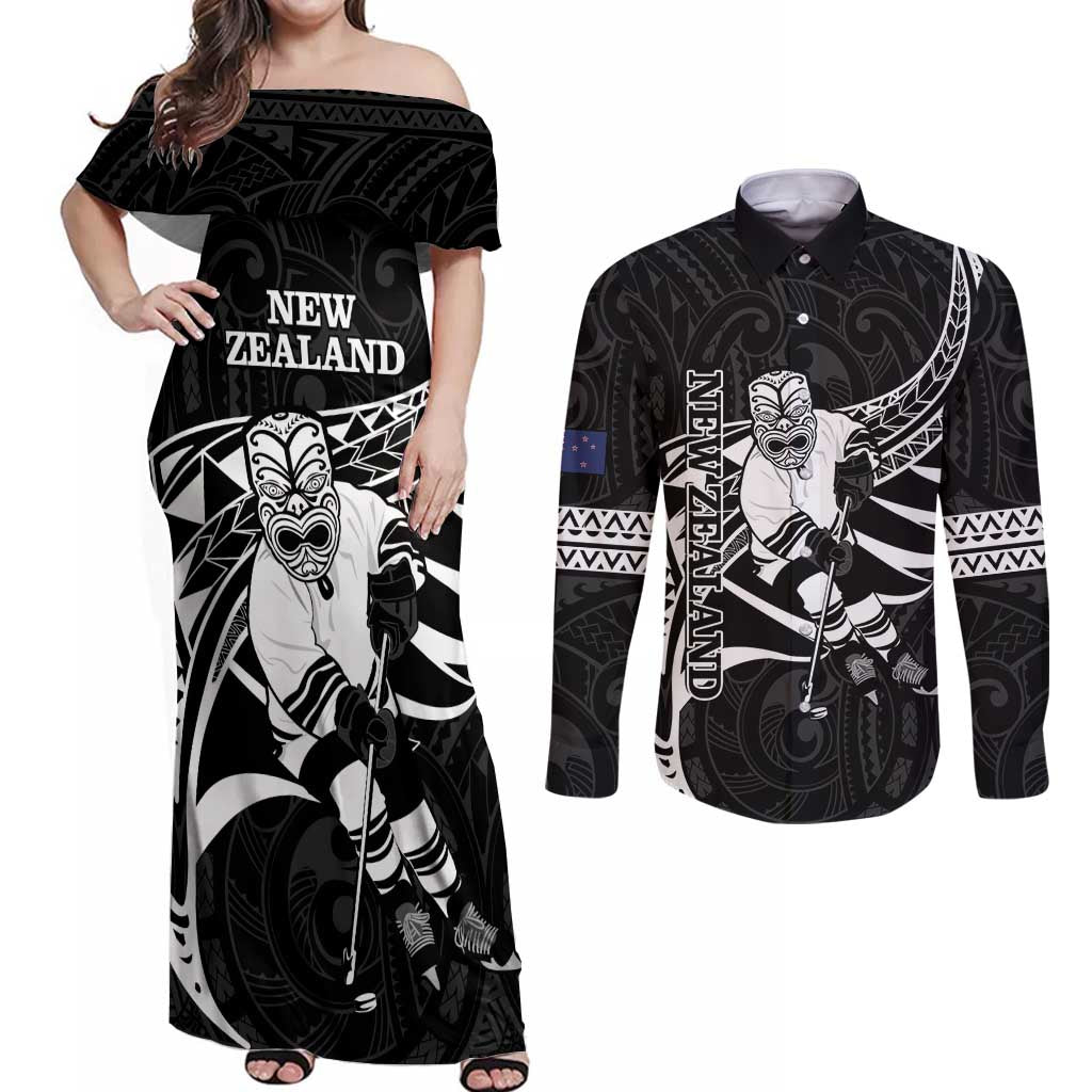 Custom Aotearoa Ice Hockey Couples Matching Off Shoulder Maxi Dress and Long Sleeve Button Shirt NZ Tiki Mascot - Maori Pattern