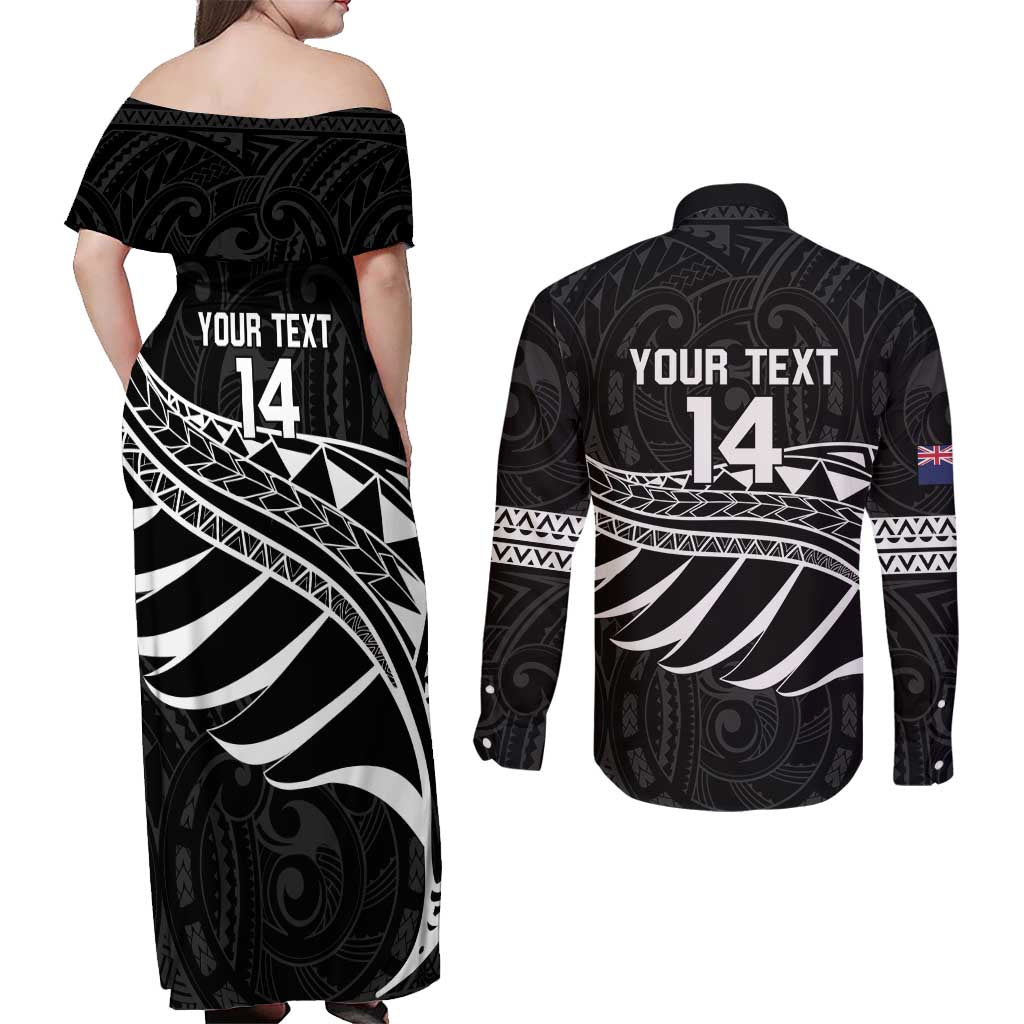 Custom Aotearoa Ice Hockey Couples Matching Off Shoulder Maxi Dress and Long Sleeve Button Shirt NZ Tiki Mascot - Maori Pattern