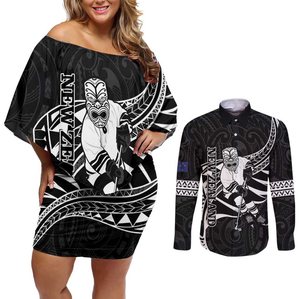 Custom Aotearoa Ice Hockey Couples Matching Off Shoulder Short Dress and Long Sleeve Button Shirt NZ Tiki Mascot - Maori Pattern