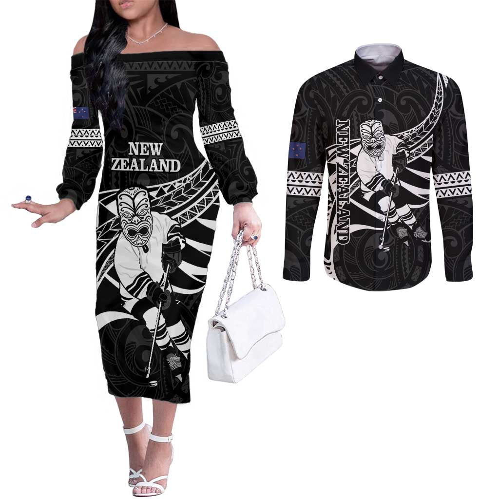 Custom Aotearoa Ice Hockey Couples Matching Off The Shoulder Long Sleeve Dress and Long Sleeve Button Shirt NZ Tiki Mascot - Maori Pattern