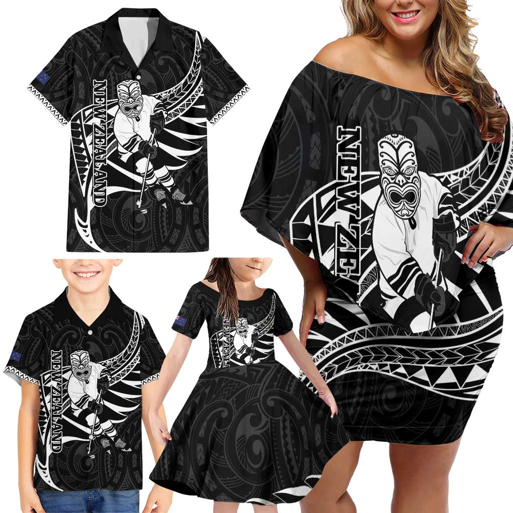 Custom Aotearoa Ice Hockey Family Matching Off Shoulder Short Dress and Hawaiian Shirt NZ Tiki Mascot - Maori Pattern