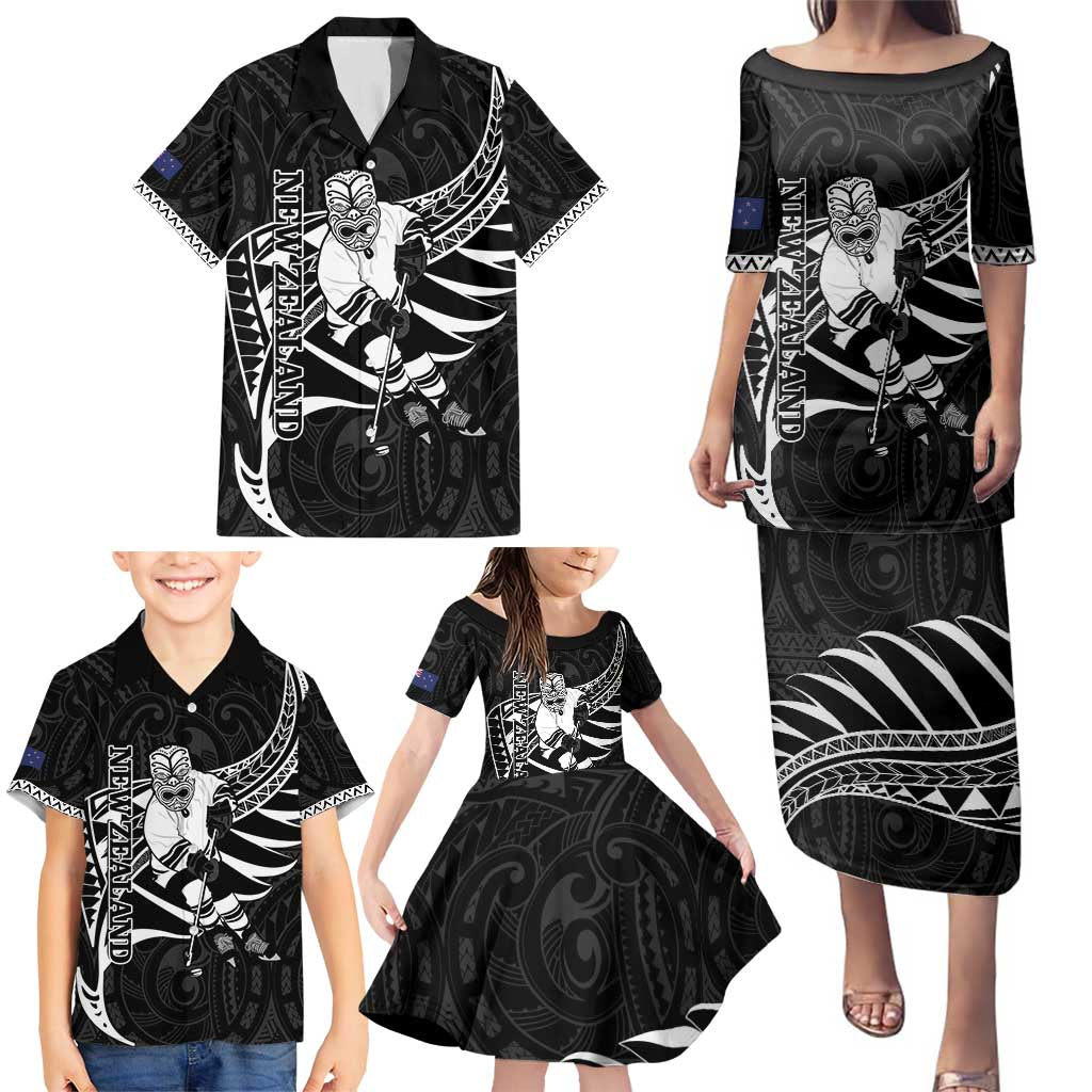 Custom Aotearoa Ice Hockey Family Matching Puletasi and Hawaiian Shirt NZ Tiki Mascot - Maori Pattern LT14 - Polynesian Pride
