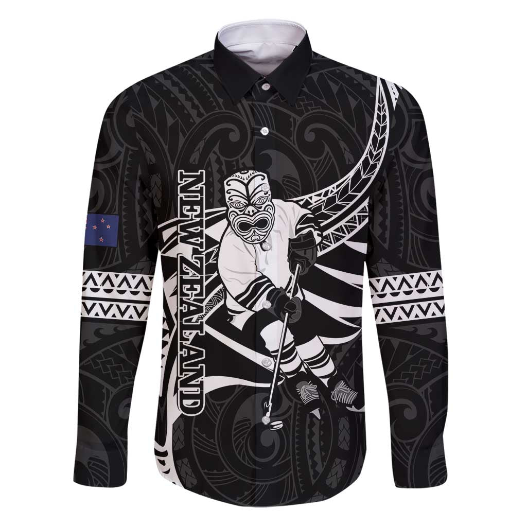 Custom Aotearoa Ice Hockey Family Matching Puletasi and Hawaiian Shirt NZ Tiki Mascot - Maori Pattern LT14 Dad's Shirt - Long Sleeve Black - Polynesian Pride
