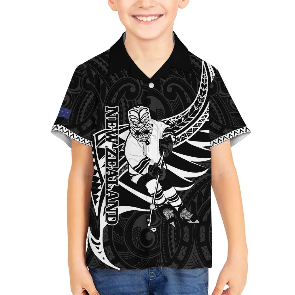 Custom Aotearoa Ice Hockey Family Matching Puletasi and Hawaiian Shirt NZ Tiki Mascot - Maori Pattern LT14 Son's Shirt Black - Polynesian Pride