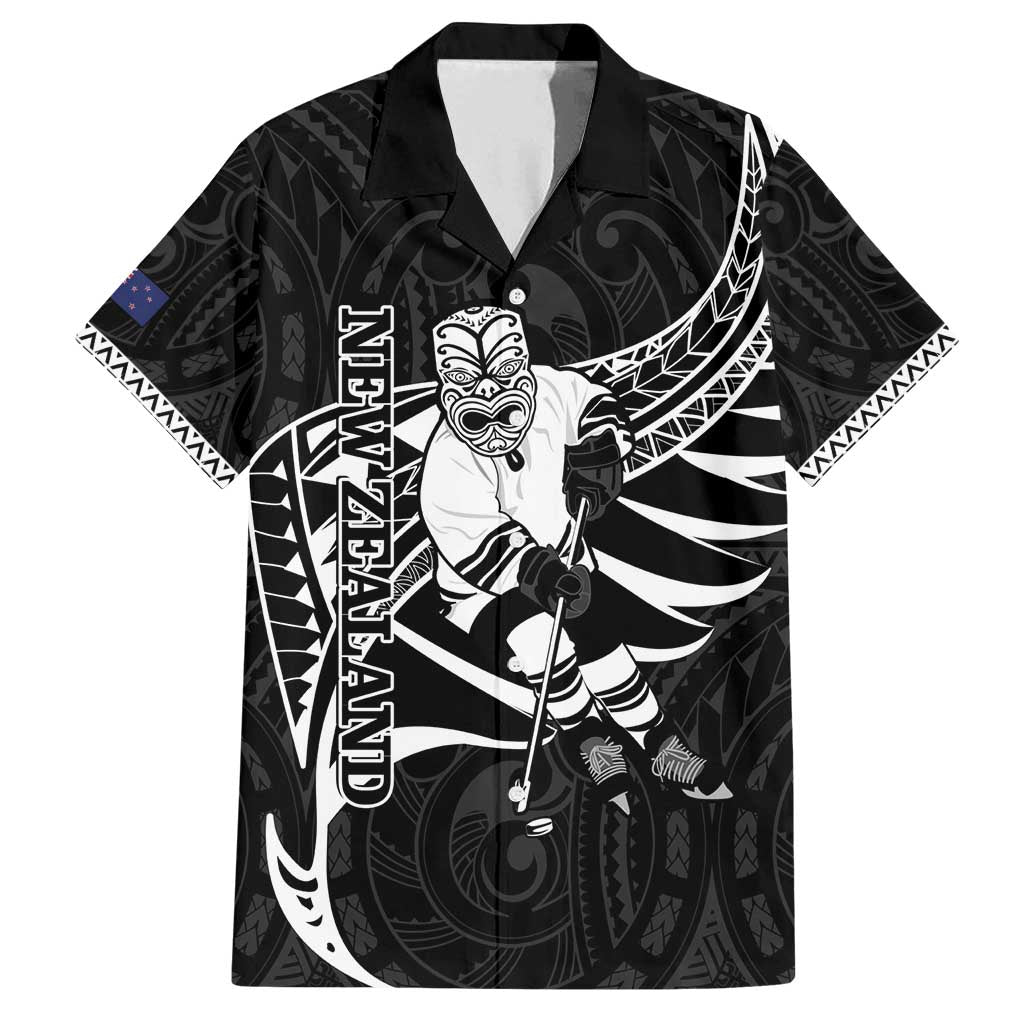 Custom Aotearoa Ice Hockey Family Matching Summer Maxi Dress and Hawaiian Shirt NZ Tiki Mascot - Maori Pattern LT14 Dad's Shirt - Short Sleeve Black - Polynesian Pride