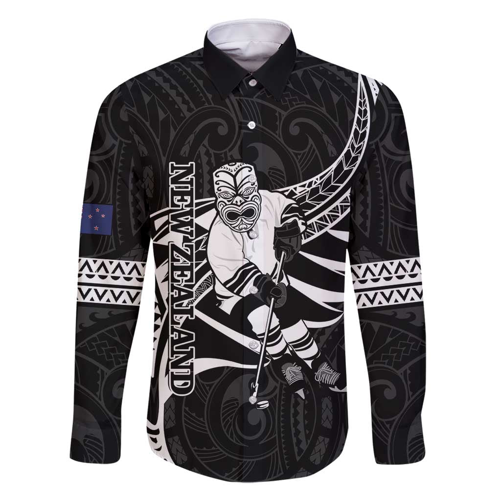 Custom Aotearoa Ice Hockey Family Matching Summer Maxi Dress and Hawaiian Shirt NZ Tiki Mascot - Maori Pattern LT14 Dad's Shirt - Long Sleeve Black - Polynesian Pride
