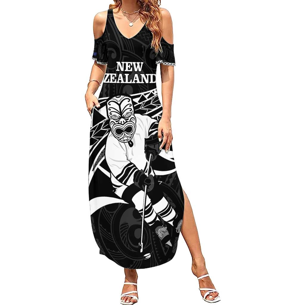 Custom Aotearoa Ice Hockey Family Matching Summer Maxi Dress and Hawaiian Shirt NZ Tiki Mascot - Maori Pattern LT14 Mom's Dress Black - Polynesian Pride