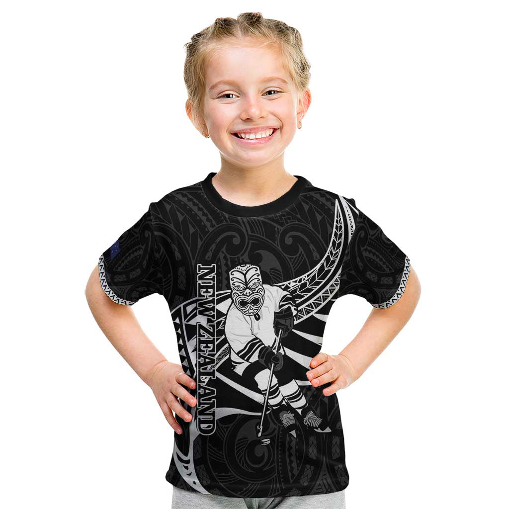 Custom Aotearoa Ice Hockey Kid T Shirt NZ Tiki Mascot - Maori Pattern LT14 Black - Polynesian Pride