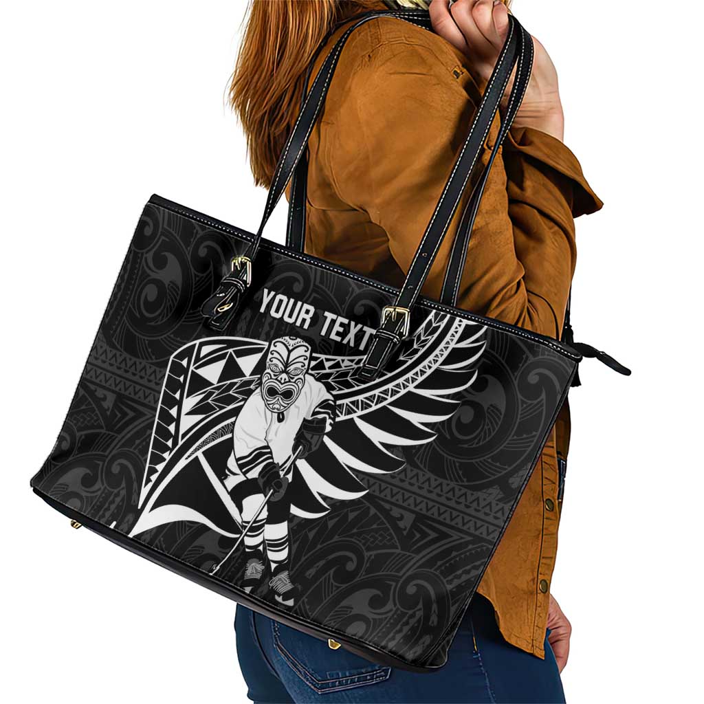 Custom Aotearoa Ice Hockey Leather Tote Bag NZ Tiki Mascot - Maori Pattern