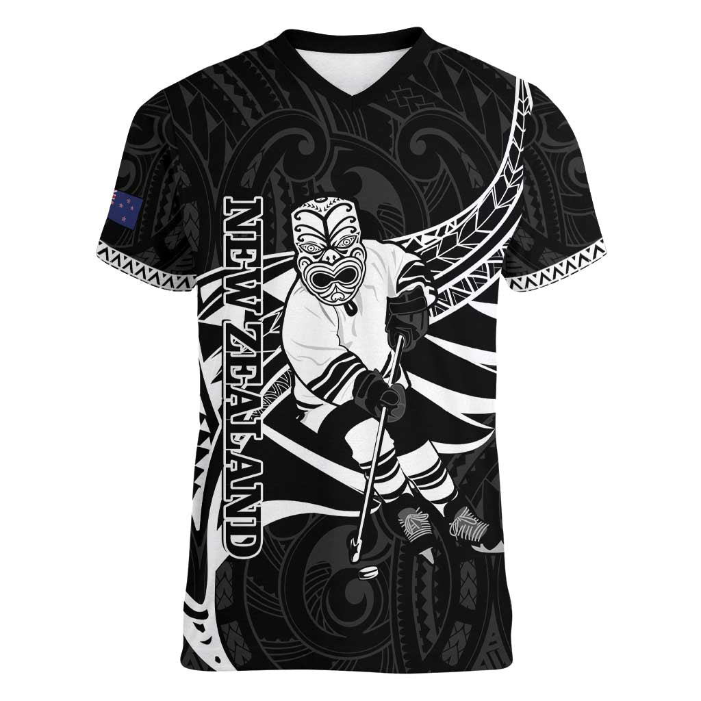 Custom Aotearoa Ice Hockey Women V-Neck T-Shirt NZ Tiki Mascot - Maori Pattern LT14 Female Black - Polynesian Pride