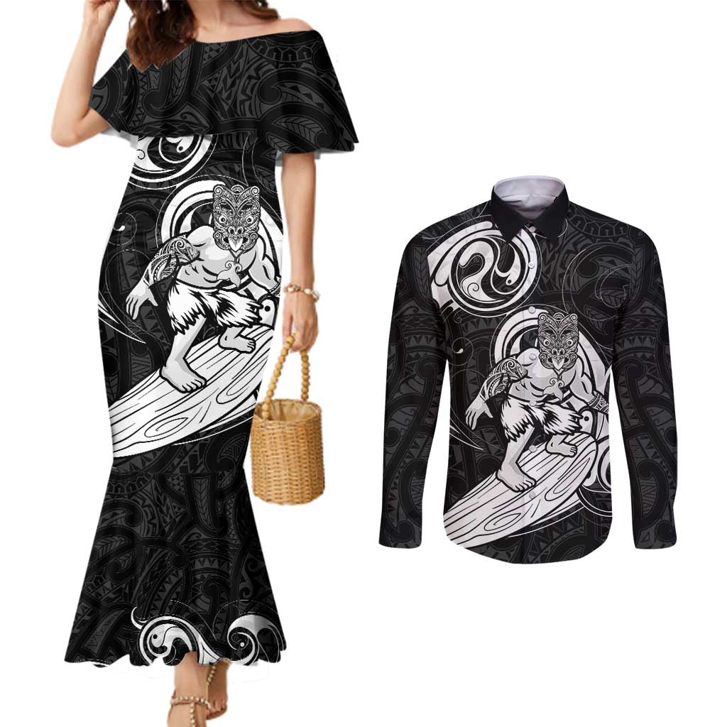 Personalised New Zealand Surfing Couples Matching Mermaid Dress and Long Sleeve Button Shirt Aotearoa Maori Tiki Haka