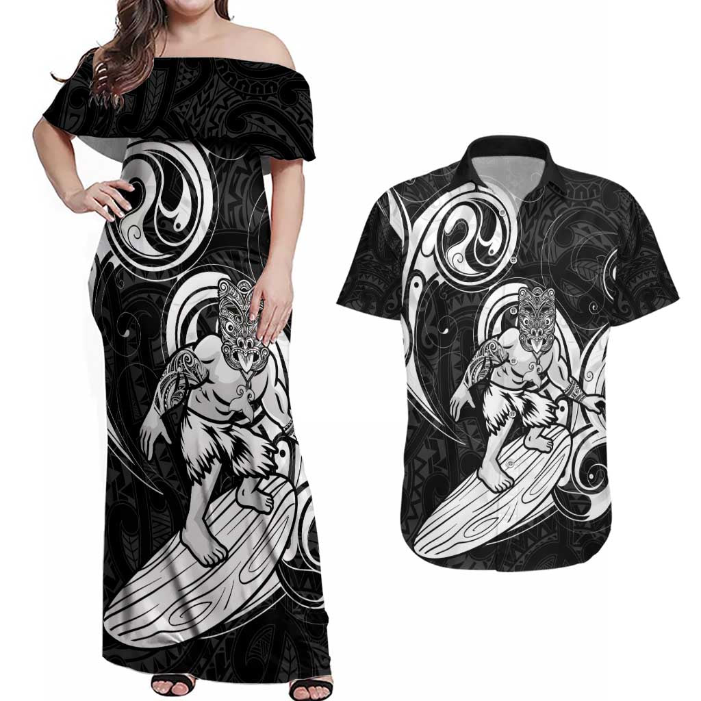 Personalised New Zealand Surfing Couples Matching Off Shoulder Maxi Dress and Hawaiian Shirt Aotearoa Maori Tiki Haka LT14 Black - Polynesian Pride