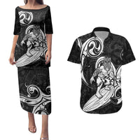 Personalised New Zealand Surfing Couples Matching Puletasi and Hawaiian Shirt Aotearoa Maori Tiki Haka