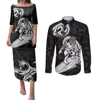 Personalised New Zealand Surfing Couples Matching Puletasi and Long Sleeve Button Shirt Aotearoa Maori Tiki Haka