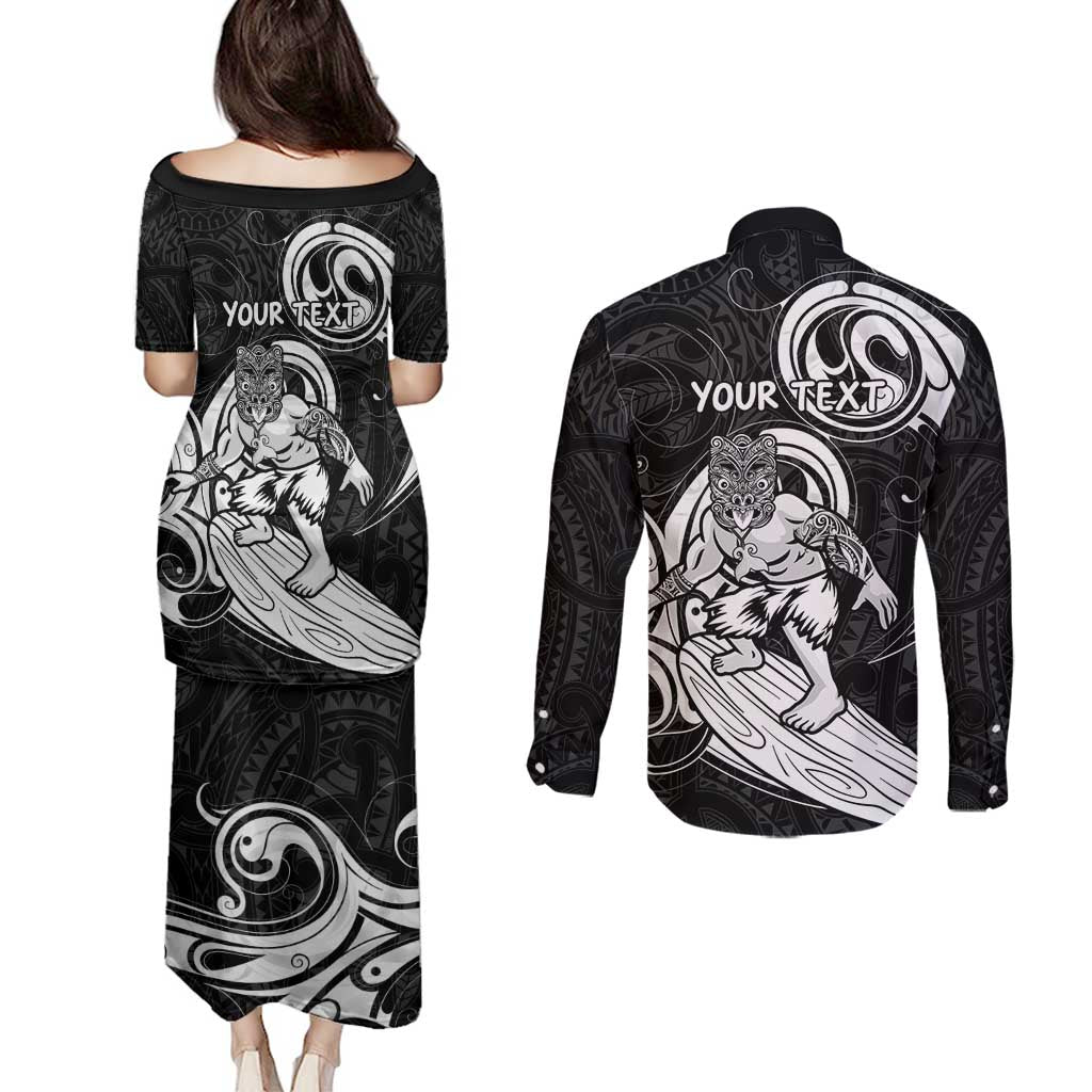 Personalised New Zealand Surfing Couples Matching Puletasi and Long Sleeve Button Shirt Aotearoa Maori Tiki Haka
