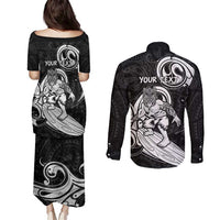 Personalised New Zealand Surfing Couples Matching Puletasi and Long Sleeve Button Shirt Aotearoa Maori Tiki Haka