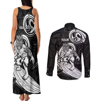 Personalised New Zealand Surfing Couples Matching Tank Maxi Dress and Long Sleeve Button Shirt Aotearoa Maori Tiki Haka