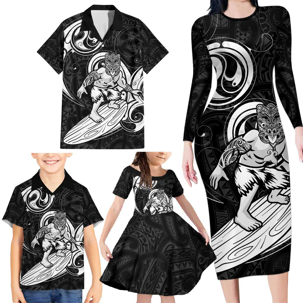 Personalised New Zealand Surfing Family Matching Long Sleeve Bodycon Dress and Hawaiian Shirt Aotearoa Maori Tiki Haka LT14 - Polynesian Pride