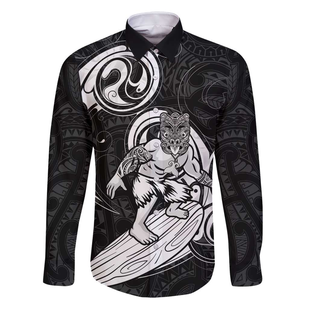 Personalised New Zealand Surfing Family Matching Long Sleeve Bodycon Dress and Hawaiian Shirt Aotearoa Maori Tiki Haka LT14 Dad's Shirt - Long Sleeve Black - Polynesian Pride
