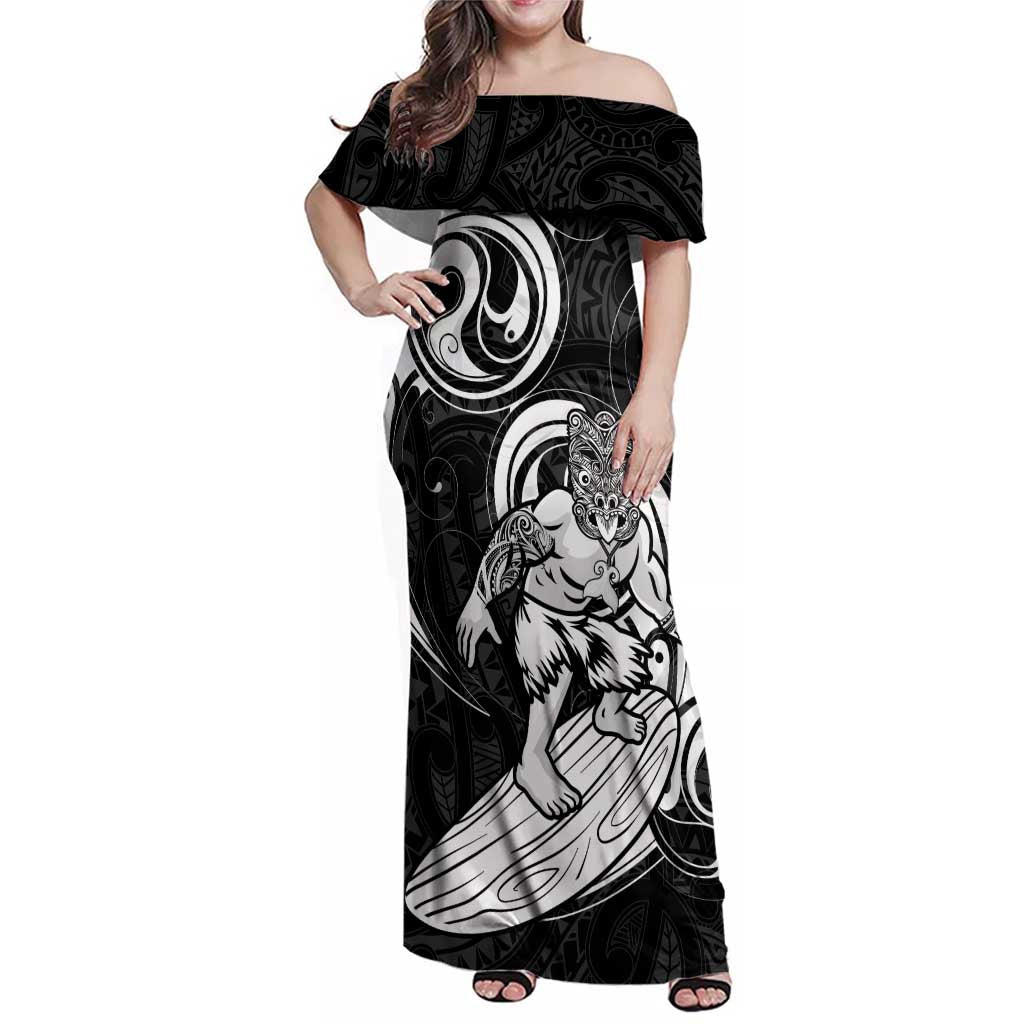 Personalised New Zealand Surfing Family Matching Off Shoulder Maxi Dress and Hawaiian Shirt Aotearoa Maori Tiki Haka LT14 Mom's Dress Black - Polynesian Pride