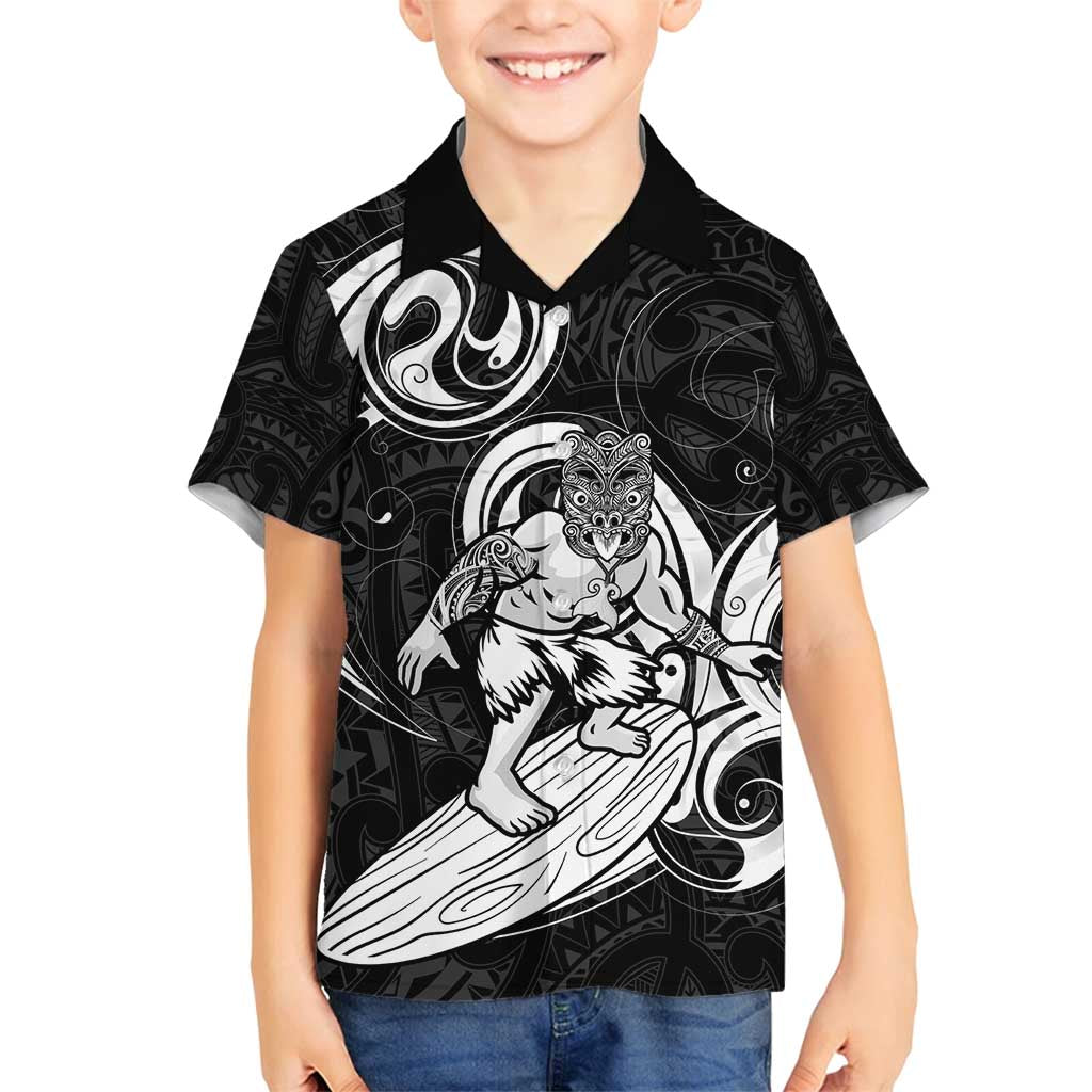Personalised New Zealand Surfing Family Matching Off Shoulder Short Dress and Hawaiian Shirt Aotearoa Maori Tiki Haka LT14 Son's Shirt Black - Polynesian Pride