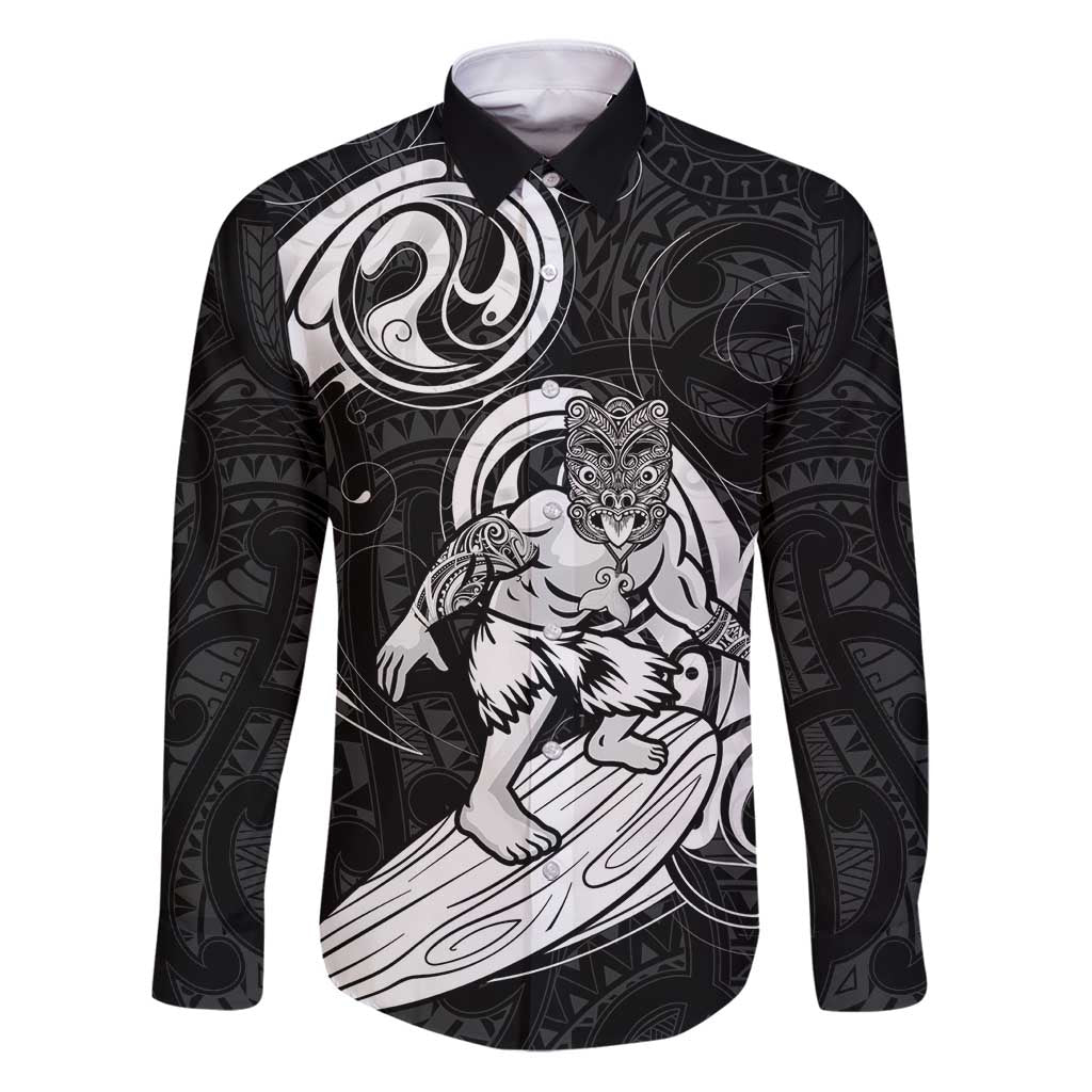 Personalised New Zealand Surfing Family Matching Puletasi and Hawaiian Shirt Aotearoa Maori Tiki Haka LT14 Dad's Shirt - Long Sleeve Black - Polynesian Pride