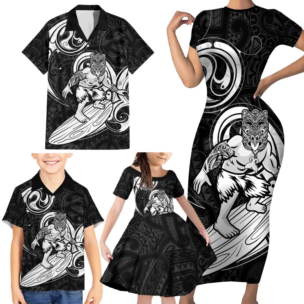 Personalised New Zealand Surfing Family Matching Short Sleeve Bodycon Dress and Hawaiian Shirt Aotearoa Maori Tiki Haka LT14 - Polynesian Pride