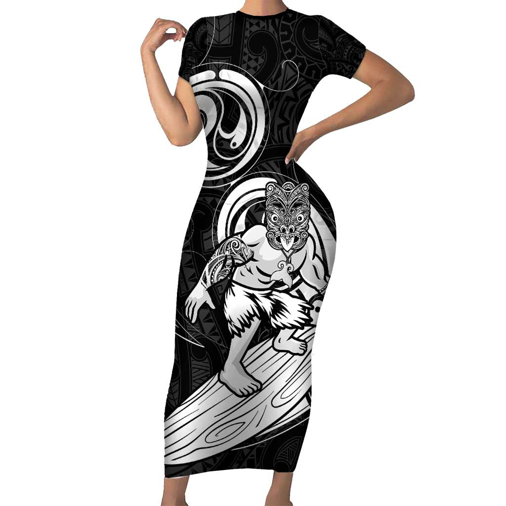 Personalised New Zealand Surfing Family Matching Short Sleeve Bodycon Dress and Hawaiian Shirt Aotearoa Maori Tiki Haka LT14 Mom's Dress Black - Polynesian Pride