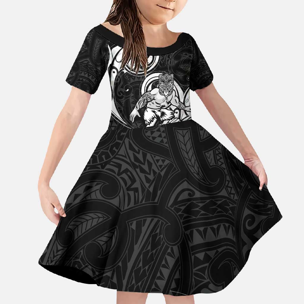Personalised New Zealand Surfing Family Matching Summer Maxi Dress and Hawaiian Shirt Aotearoa Maori Tiki Haka LT14 Daughter's Dress Black - Polynesian Pride