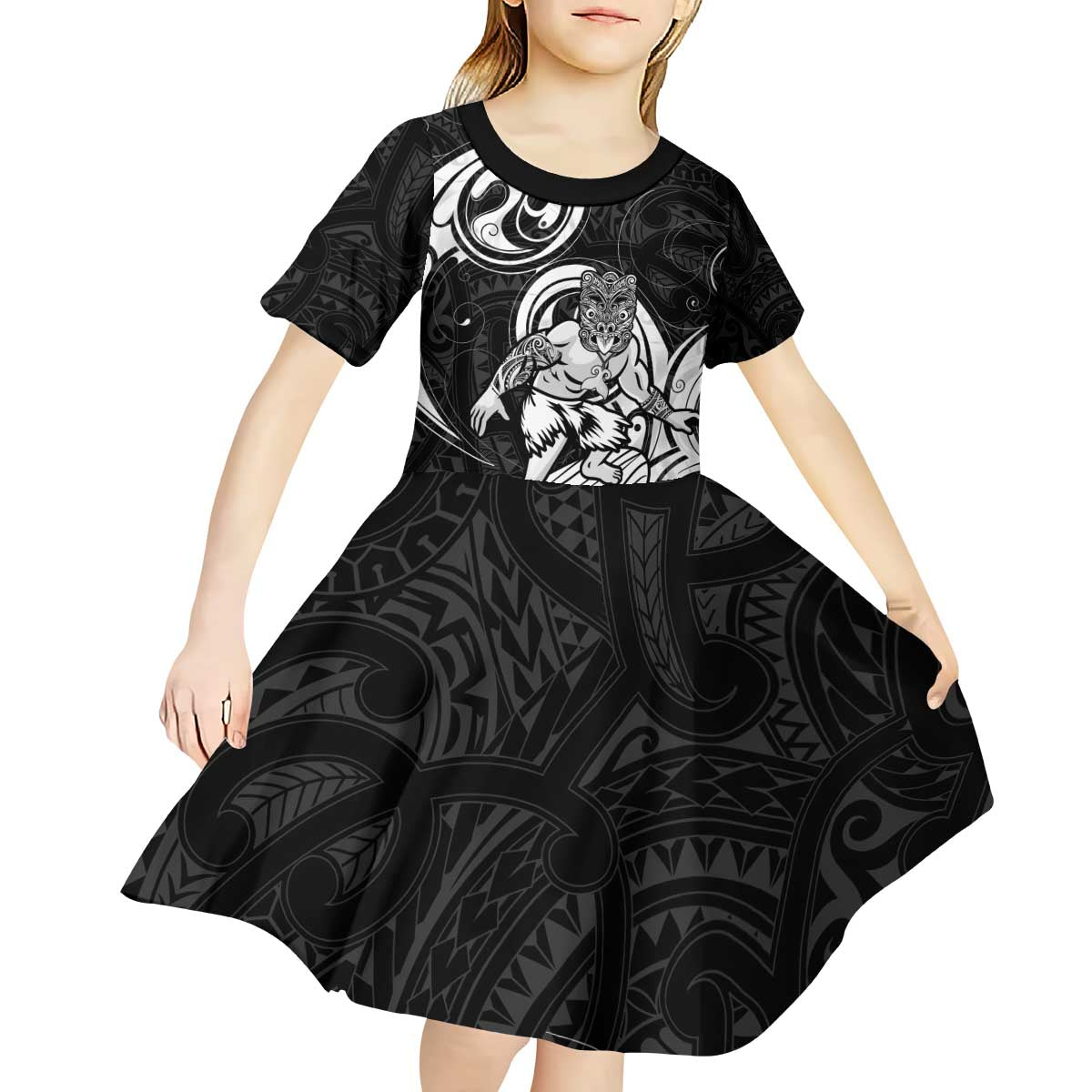 Personalised New Zealand Surfing Kid Short Sleeve Dress Aotearoa Maori Tiki Haka