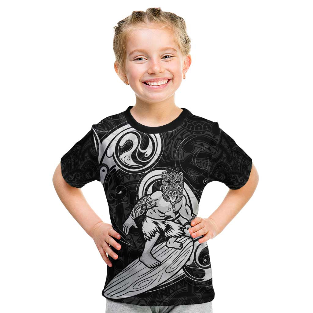 Personalised New Zealand Surfing Kid T Shirt Aotearoa Maori Tiki Haka LT14 Black - Polynesian Pride