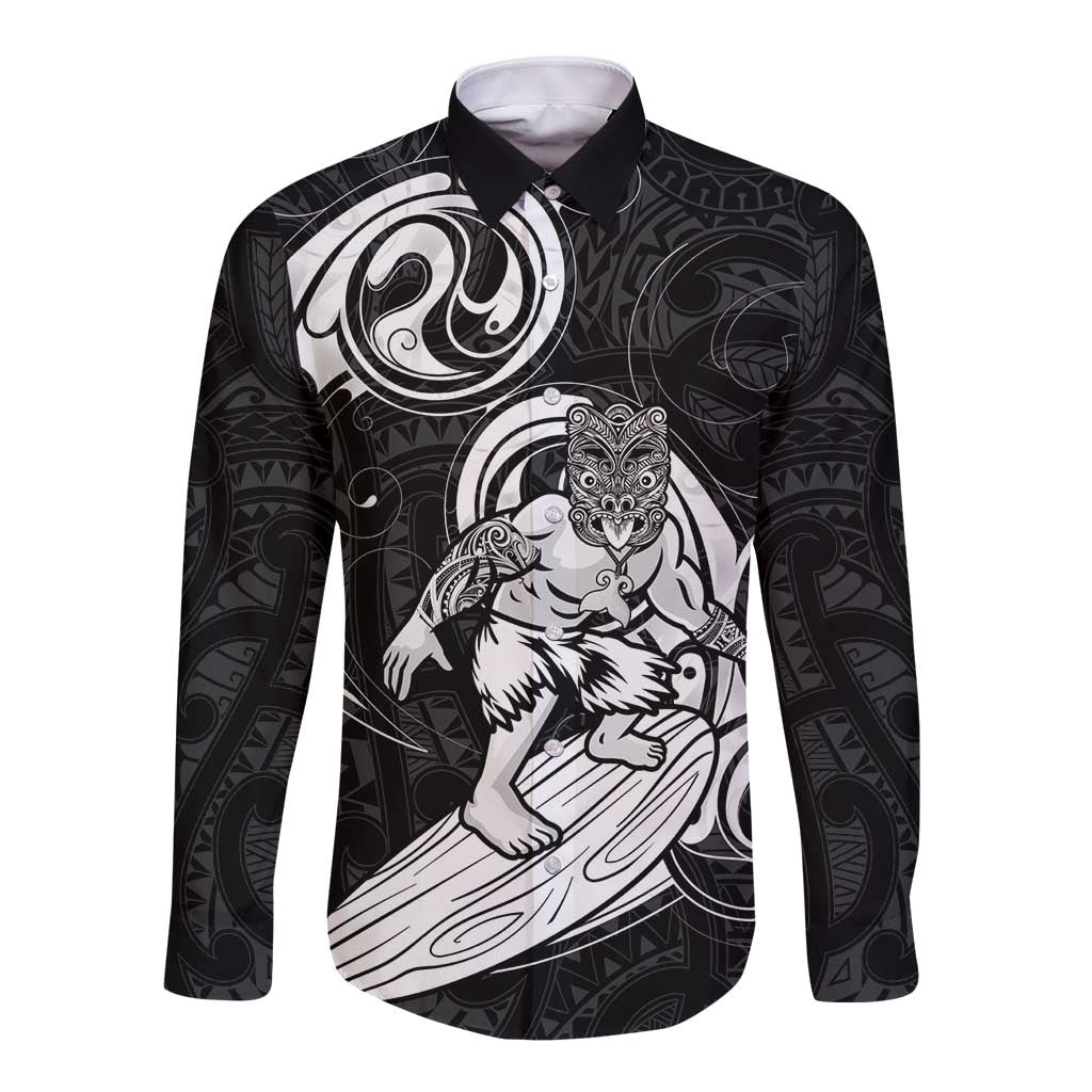 Personalised New Zealand Surfing Long Sleeve Button Shirt Aotearoa Maori Tiki Haka LT14 Unisex Black - Polynesian Pride