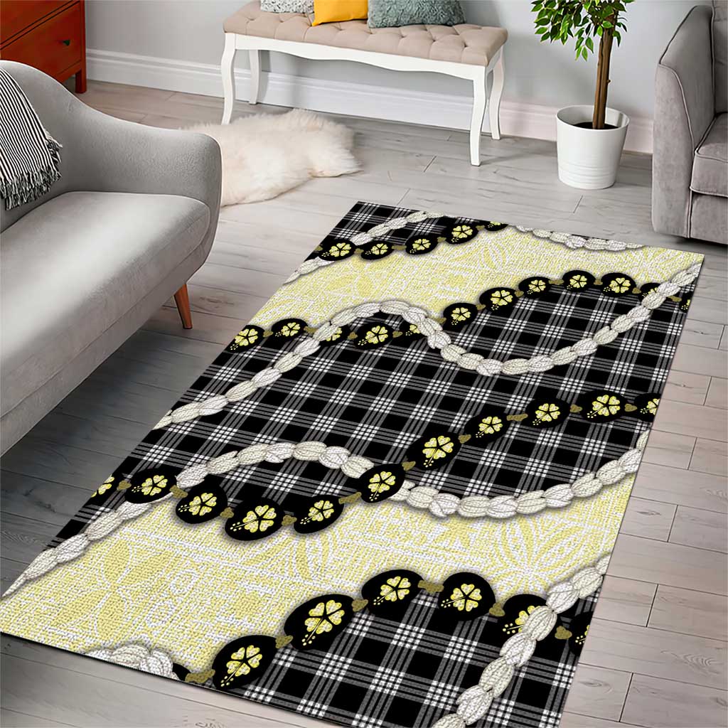 Black Palaka Hawaii Area Rug Kukui Nut Pikake Lei Hawaiian Tapa Pattern - Polynesian Pride