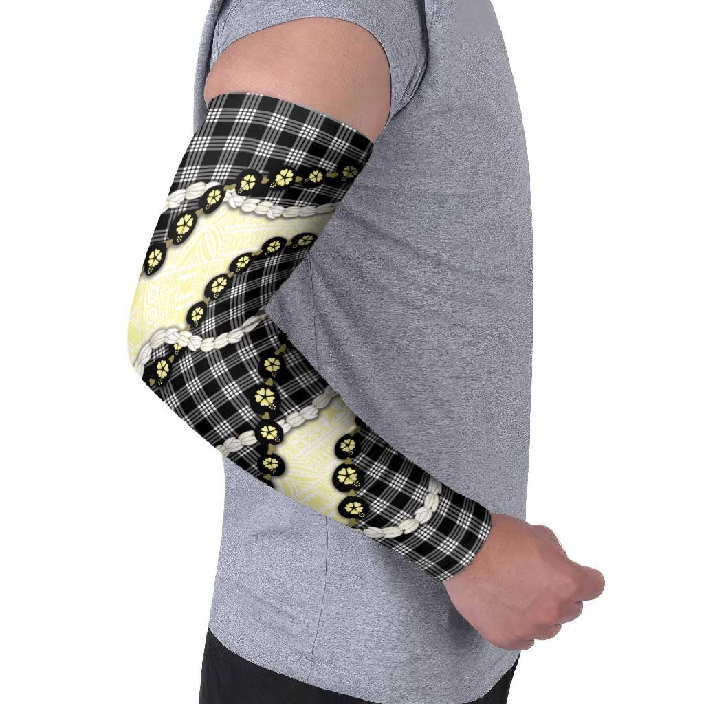 Black Palaka Hawaii Arm Sleeves Kukui Nut Pikake Lei Hawaiian Tapa Pattern - Polynesian Pride