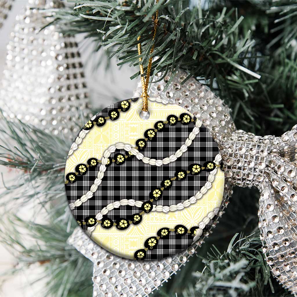 Black Palaka Hawaii Ceramic Ornament Kukui Nut Pikake Lei Hawaiian Tapa Pattern - Polynesian Pride